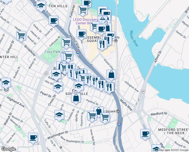 map of restaurants, bars, coffee shops, grocery stores, and more near 1162 Austin Street in Somerville