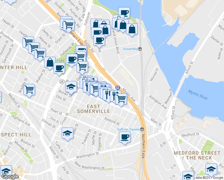map of restaurants, bars, coffee shops, grocery stores, and more near 34 Indiana Avenue in Somerville