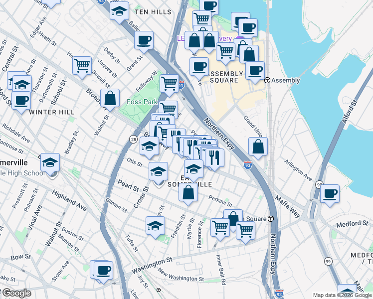 map of restaurants, bars, coffee shops, grocery stores, and more near 24 Michigan Avenue in Somerville