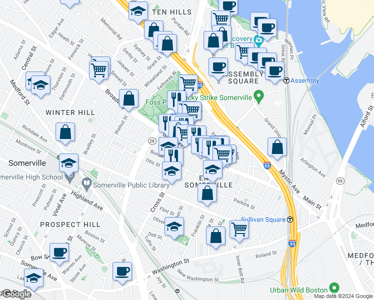 map of restaurants, bars, coffee shops, grocery stores, and more near 174 Broadway in Somerville