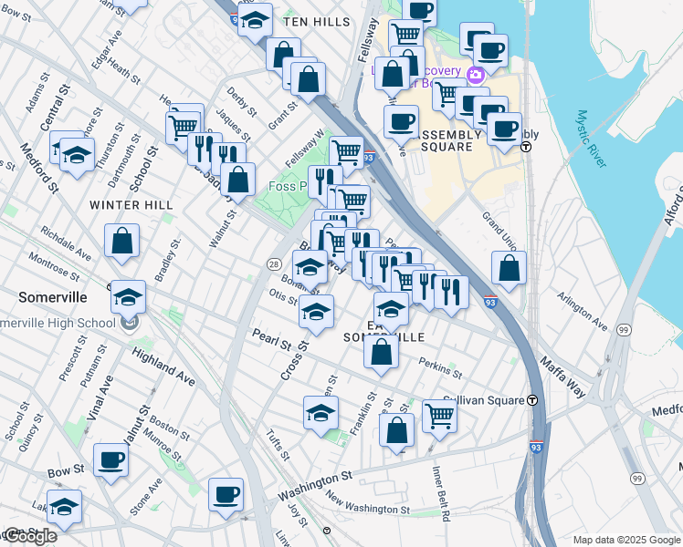 map of restaurants, bars, coffee shops, grocery stores, and more near 174 Broadway in Somerville