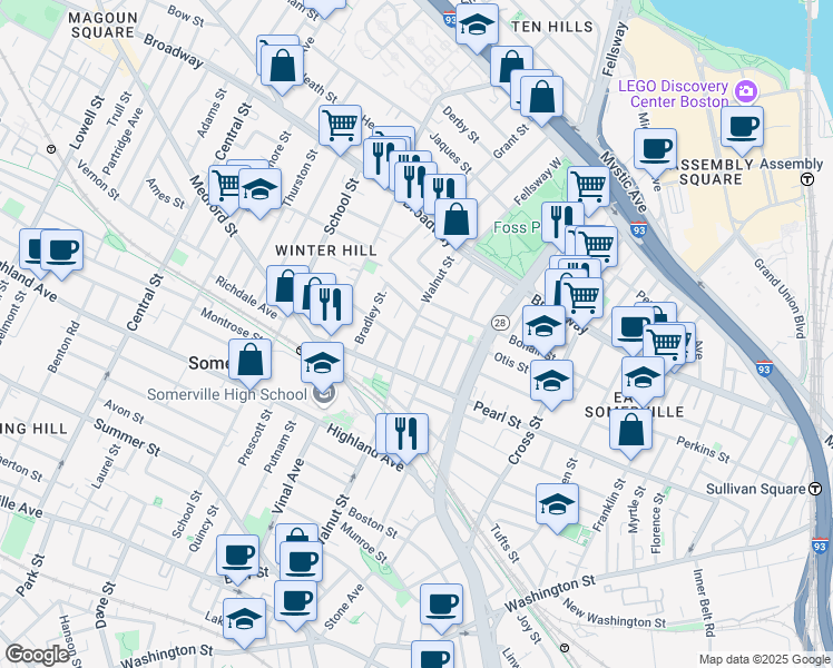 map of restaurants, bars, coffee shops, grocery stores, and more near 132 Walnut Street in Somerville