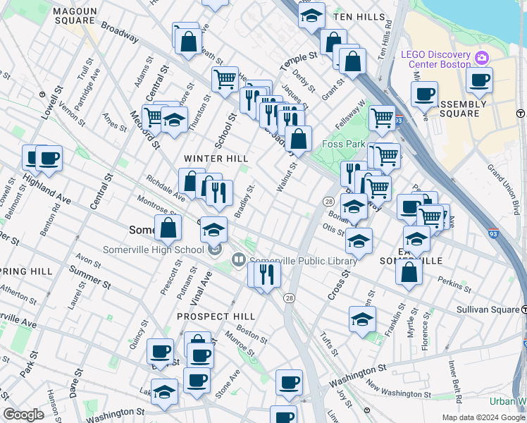 map of restaurants, bars, coffee shops, grocery stores, and more near 132 Walnut Street in Somerville
