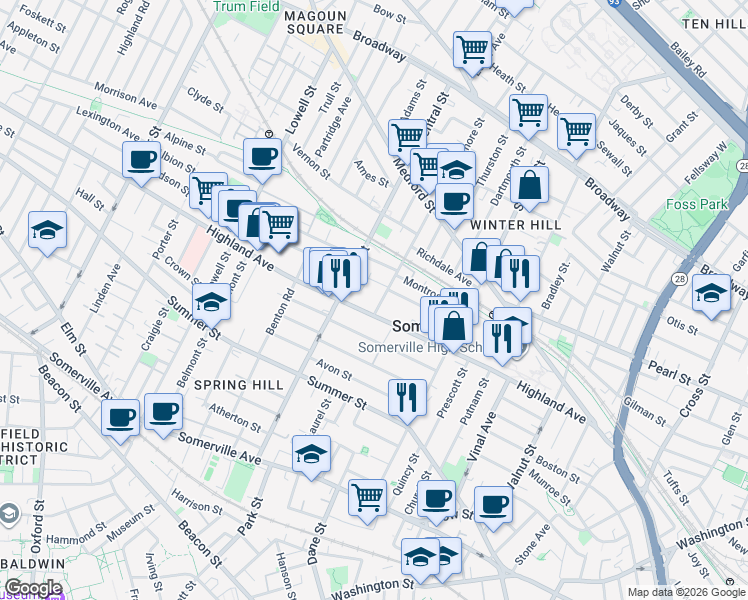 map of restaurants, bars, coffee shops, grocery stores, and more near 14 Sycamore Street in Somerville
