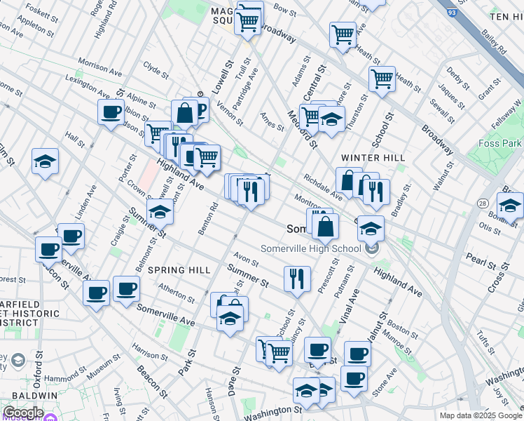 map of restaurants, bars, coffee shops, grocery stores, and more near 149a Highland Avenue in Somerville