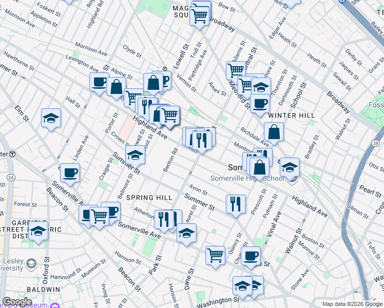 map of restaurants, bars, coffee shops, grocery stores, and more near 164 Highland Avenue in Somerville