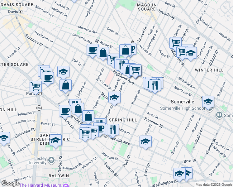 map of restaurants, bars, coffee shops, grocery stores, and more near 121 Lowell Street in Somerville
