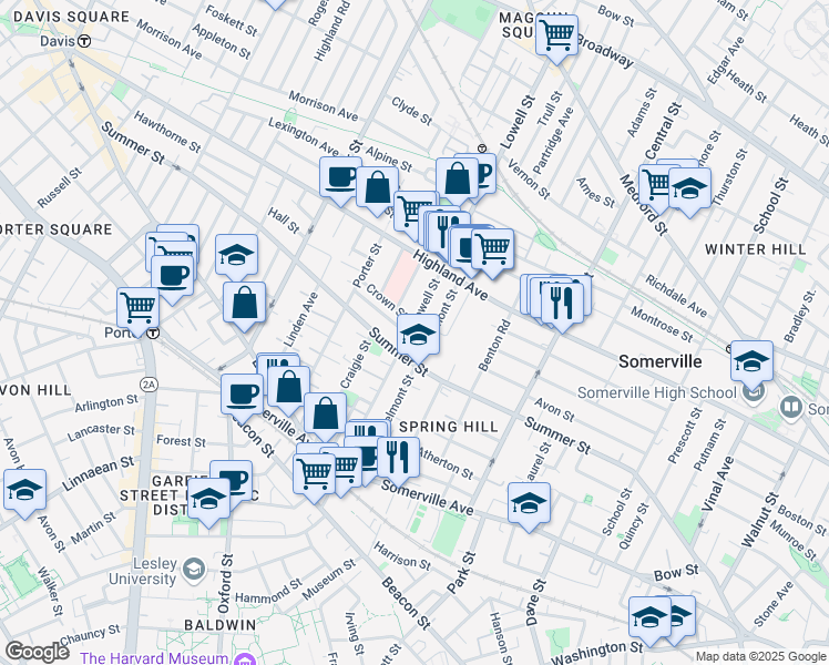 map of restaurants, bars, coffee shops, grocery stores, and more near 121 Lowell Street in Somerville