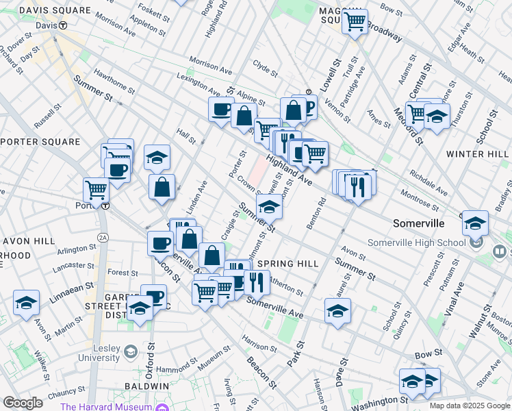map of restaurants, bars, coffee shops, grocery stores, and more near 121 Lowell Street in Somerville