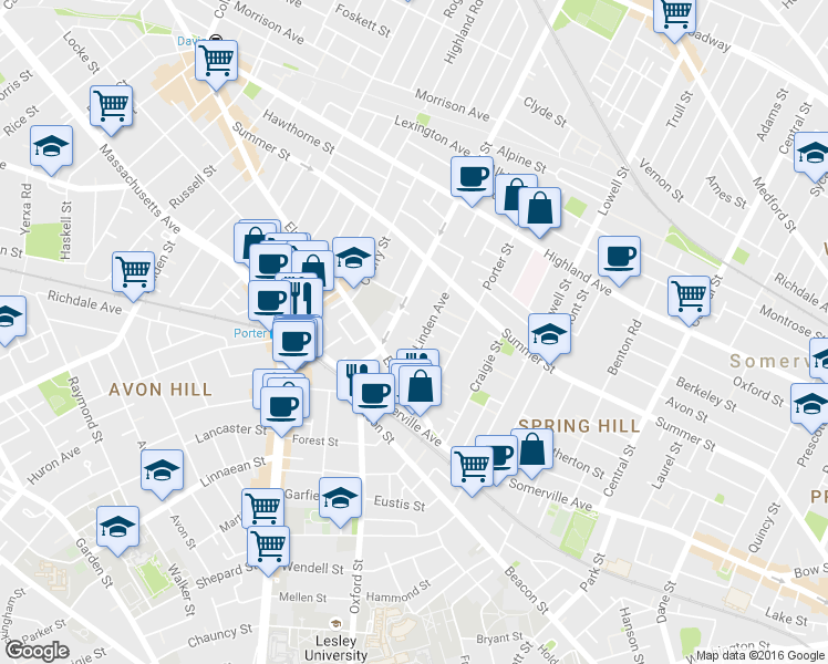 map of restaurants, bars, coffee shops, grocery stores, and more near 29 Linden Avenue in Somerville
