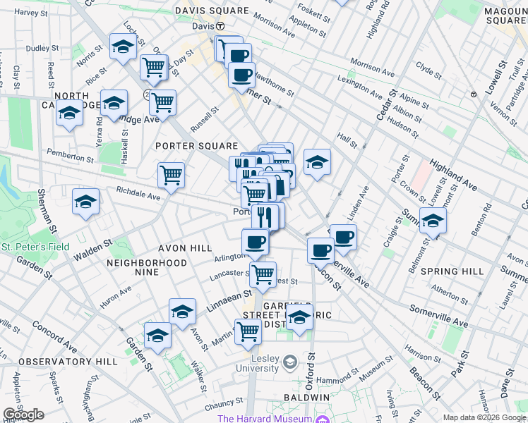 map of restaurants, bars, coffee shops, grocery stores, and more near 1899 Massachusetts Avenue in Cambridge