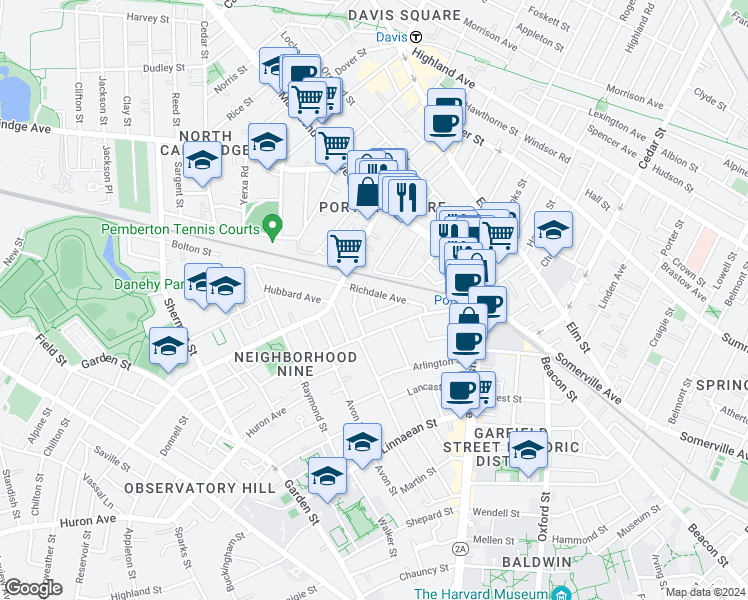map of restaurants, bars, coffee shops, grocery stores, and more near 78 Richdale Avenue in Cambridge