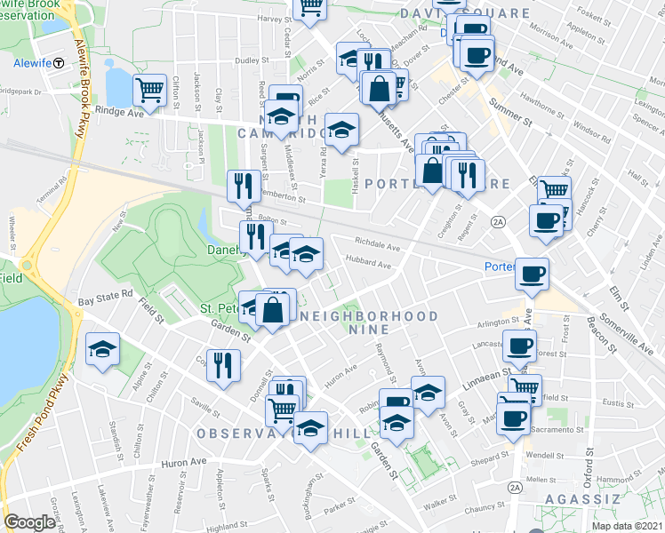 map of restaurants, bars, coffee shops, grocery stores, and more near 176 Raymond Street in Cambridge