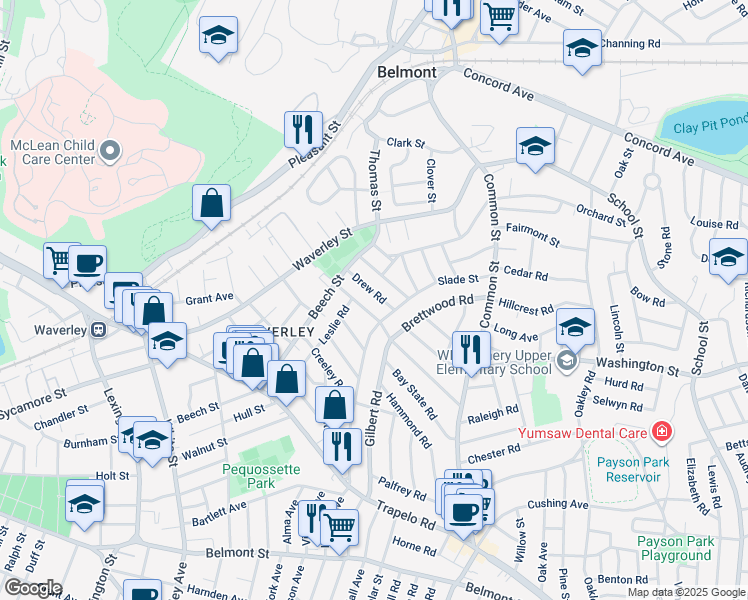 map of restaurants, bars, coffee shops, grocery stores, and more near 28 Upland Road in Belmont