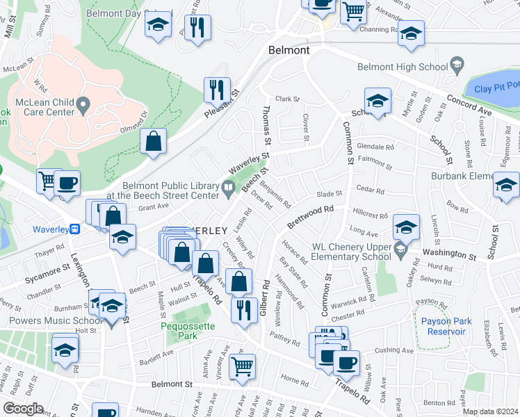 map of restaurants, bars, coffee shops, grocery stores, and more near 28 Upland Road in Belmont