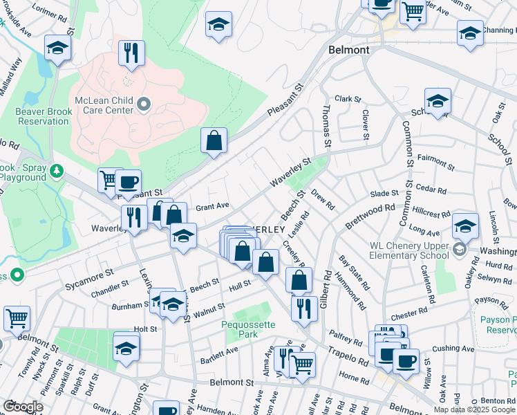 map of restaurants, bars, coffee shops, grocery stores, and more near 19 Harris Street in Belmont