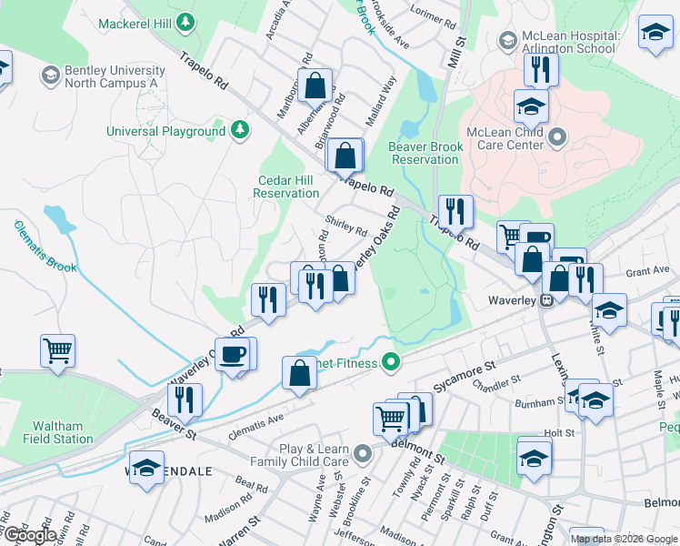 map of restaurants, bars, coffee shops, grocery stores, and more near 460 Waverley Oaks Road in Waltham