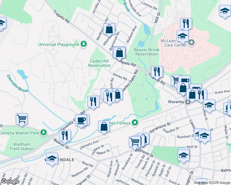 map of restaurants, bars, coffee shops, grocery stores, and more near 460 Waverley Oaks Road in Waltham
