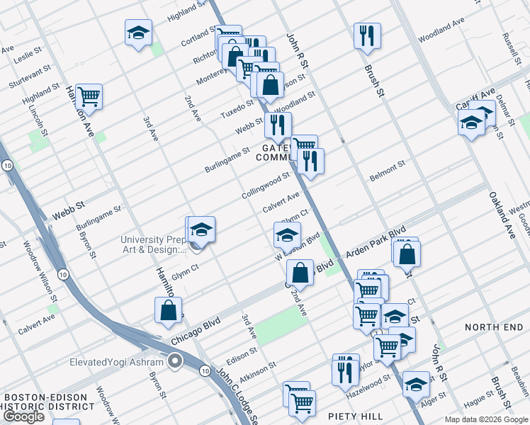 map of restaurants, bars, coffee shops, grocery stores, and more near 111 Calvert Avenue in Detroit