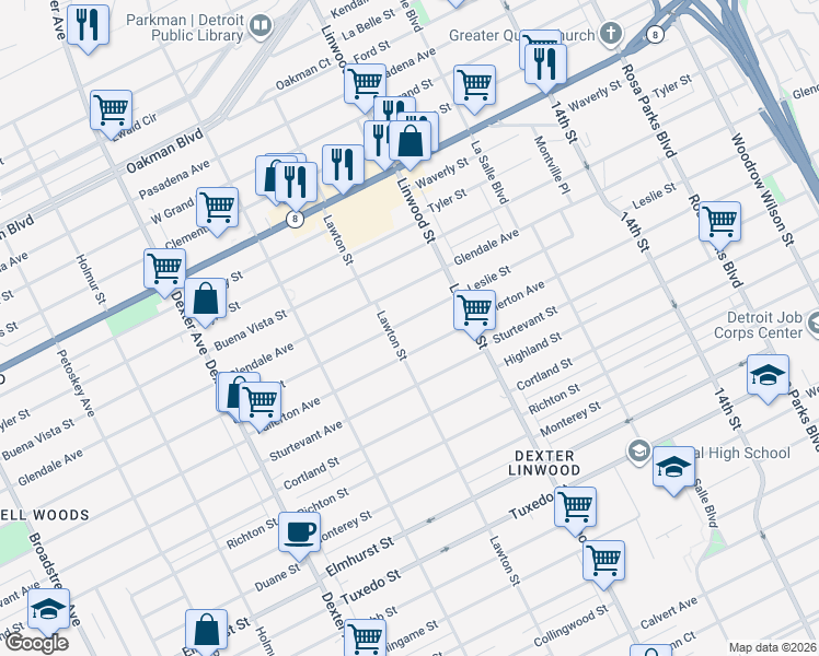 map of restaurants, bars, coffee shops, grocery stores, and more near 2705 Leslie Street in Detroit