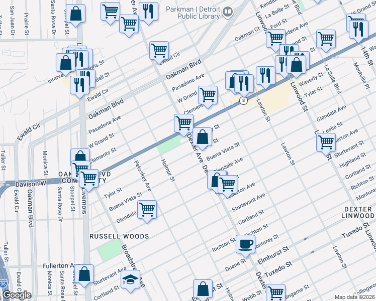 map of restaurants, bars, coffee shops, grocery stores, and more near 13217 Dexter Avenue in Detroit