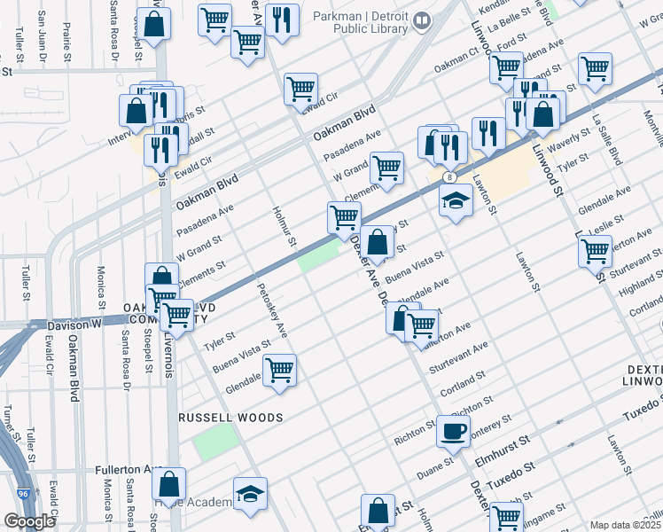 map of restaurants, bars, coffee shops, grocery stores, and more near 3761 Waverly Street in Detroit
