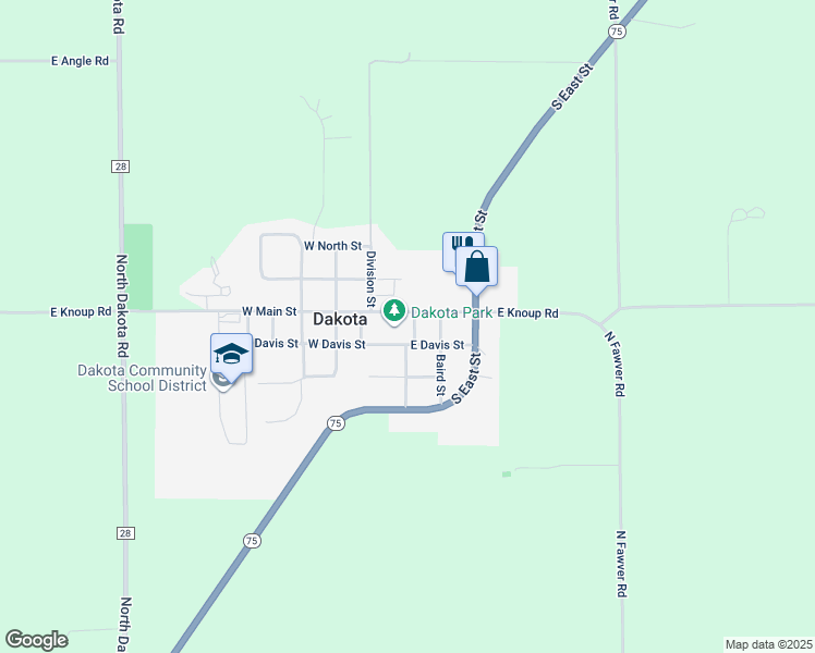 map of restaurants, bars, coffee shops, grocery stores, and more near 201 East Main Street in Dakota
