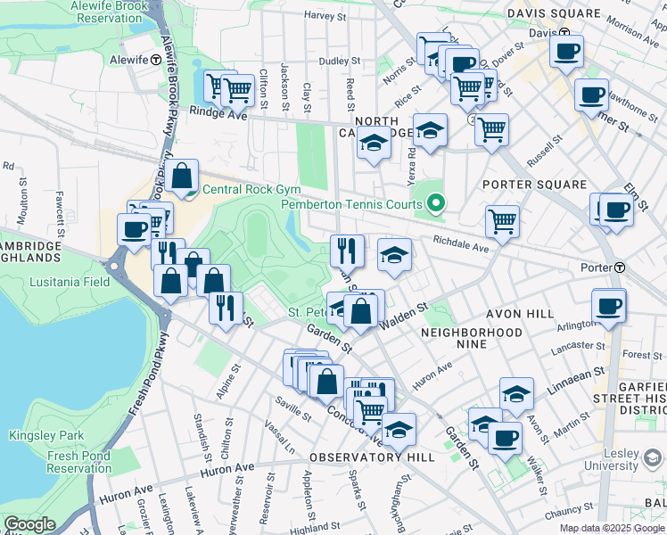 map of restaurants, bars, coffee shops, grocery stores, and more near 91 Sherman Street in Cambridge