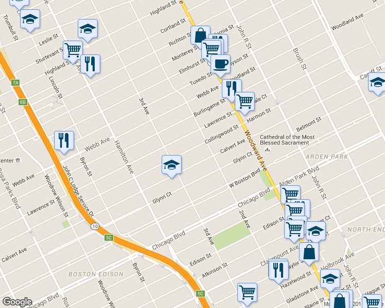 map of restaurants, bars, coffee shops, grocery stores, and more near 677 Collingwood St in Detroit
