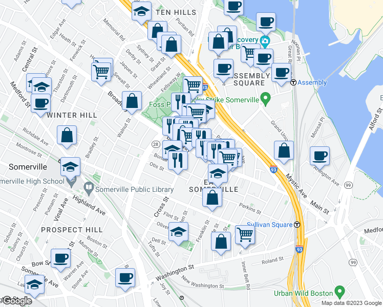 map of restaurants, bars, coffee shops, grocery stores, and more near 162 Broadway in Somerville