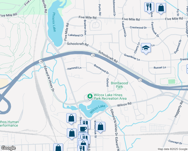 map of restaurants, bars, coffee shops, grocery stores, and more near 42315 Hammill Lane in Plymouth