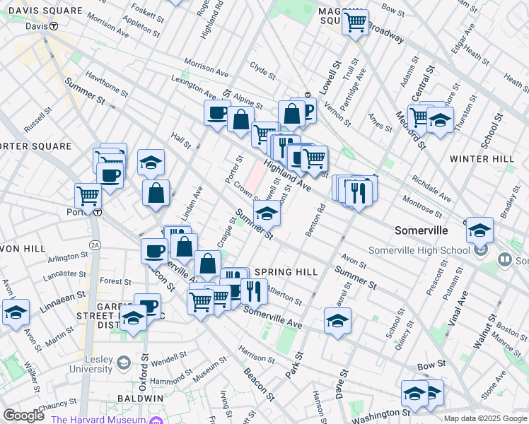 map of restaurants, bars, coffee shops, grocery stores, and more near 121 Lowell Street in Somerville