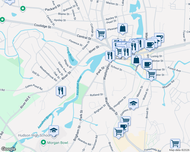 map of restaurants, bars, coffee shops, grocery stores, and more near 35 Park Street in Hudson