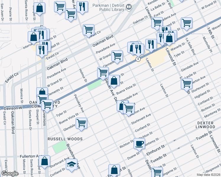 map of restaurants, bars, coffee shops, grocery stores, and more near Dexter Ave & Tyler St in Detroit