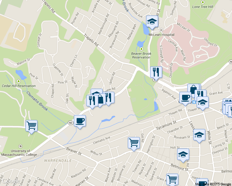 map of restaurants, bars, coffee shops, grocery stores, and more near 460 Waverley Oaks Road in Waltham