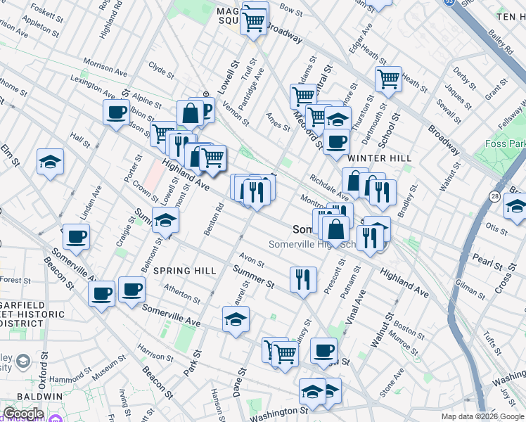 map of restaurants, bars, coffee shops, grocery stores, and more near 147 Highland Avenue in Somerville