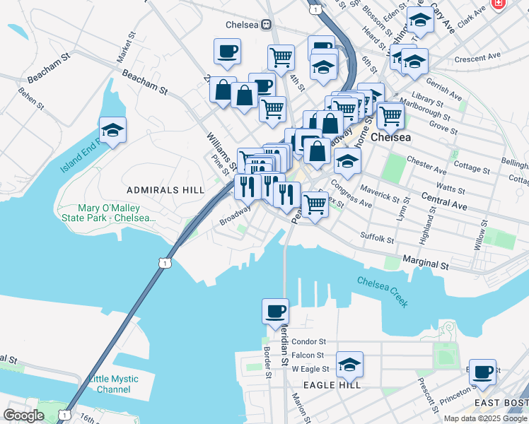 map of restaurants, bars, coffee shops, grocery stores, and more near 29 Williams Street in Chelsea