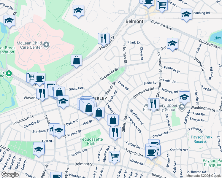 map of restaurants, bars, coffee shops, grocery stores, and more near 235 Beech Street in Belmont