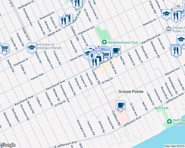 map of restaurants, bars, coffee shops, grocery stores, and more near 1157 Cadieux Road in Grosse Pointe