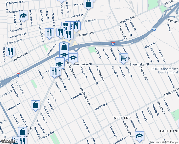 map of restaurants, bars, coffee shops, grocery stores, and more near 5819 Pennsylvania Street in Detroit