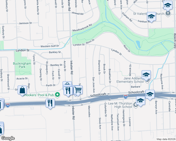 map of restaurants, bars, coffee shops, grocery stores, and more near 14154 Mercedes in Redford Charter Township