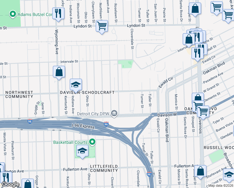 map of restaurants, bars, coffee shops, grocery stores, and more near 13651 Roselawn Street in Detroit