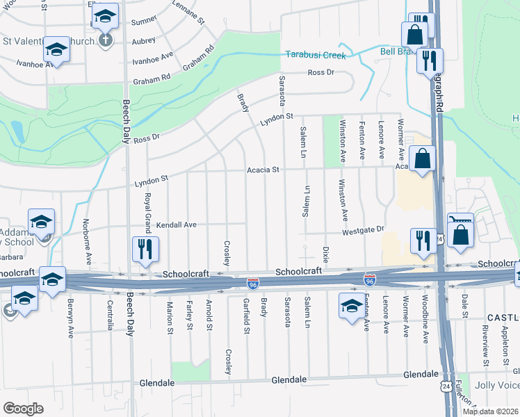 map of restaurants, bars, coffee shops, grocery stores, and more near 14143 Brady in Redford Charter Township