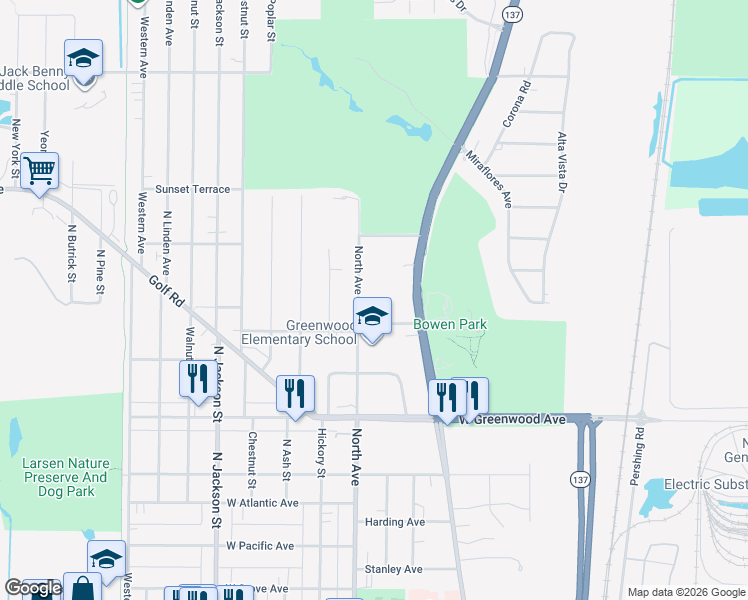map of restaurants, bars, coffee shops, grocery stores, and more near 2003 North Avenue in Waukegan