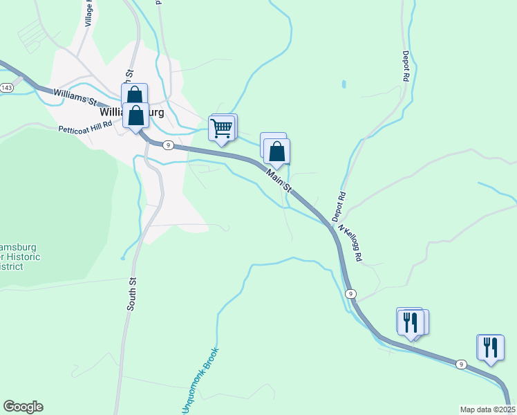 map of restaurants, bars, coffee shops, grocery stores, and more near 2-10 River Rd in Williamsburg