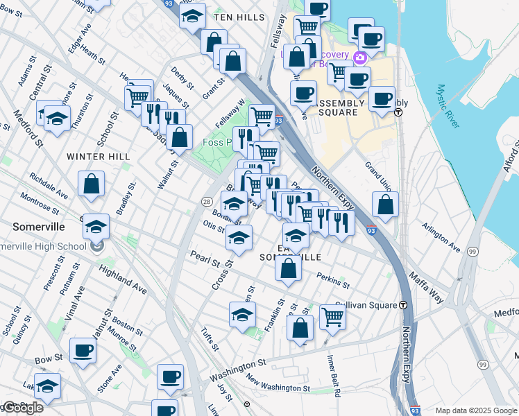 map of restaurants, bars, coffee shops, grocery stores, and more near 164 Broadway in Somerville