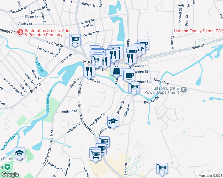 map of restaurants, bars, coffee shops, grocery stores, and more near 51 Houghton Street in Hudson