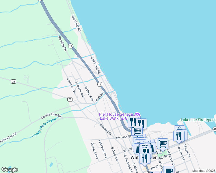 map of restaurants, bars, coffee shops, grocery stores, and more near 104 Magee Point Road in Watkins Glen
