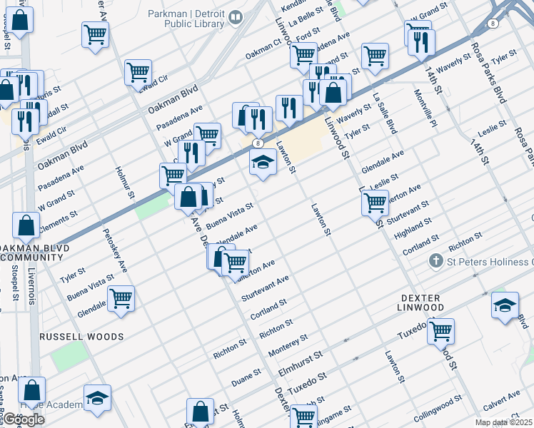 map of restaurants, bars, coffee shops, grocery stores, and more near 3046 Glendale Avenue in Detroit