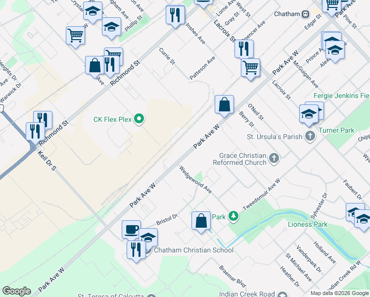 map of restaurants, bars, coffee shops, grocery stores, and more near 425 Park Avenue West in Chatham